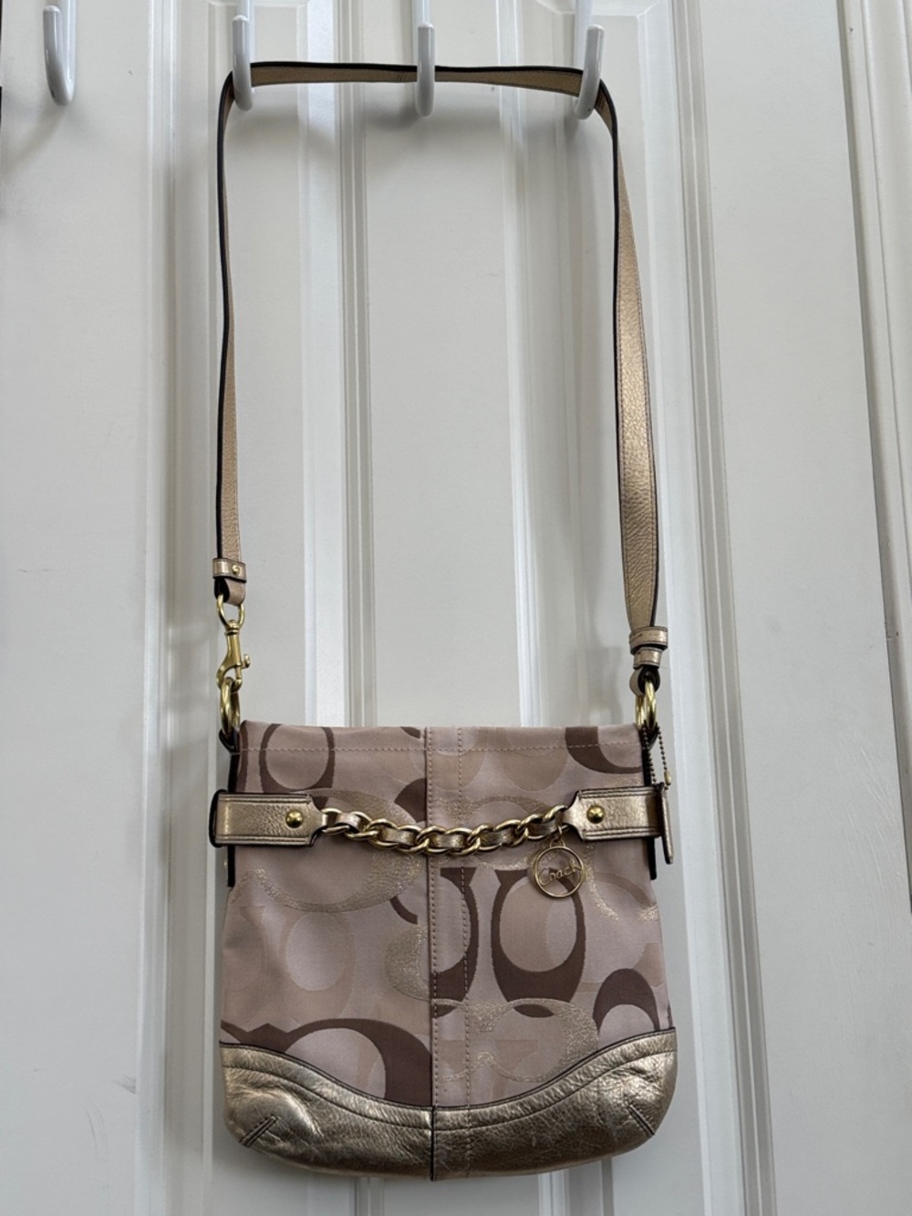 Coach Signature Canvas Taupe and Metallic Gold Crossbody Bag